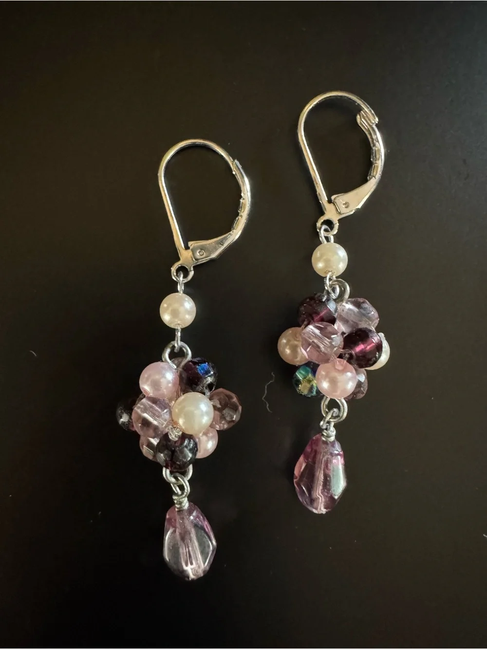 Pearl & Amethyst Bead Cluster Leverback Earrings - Cottagecore